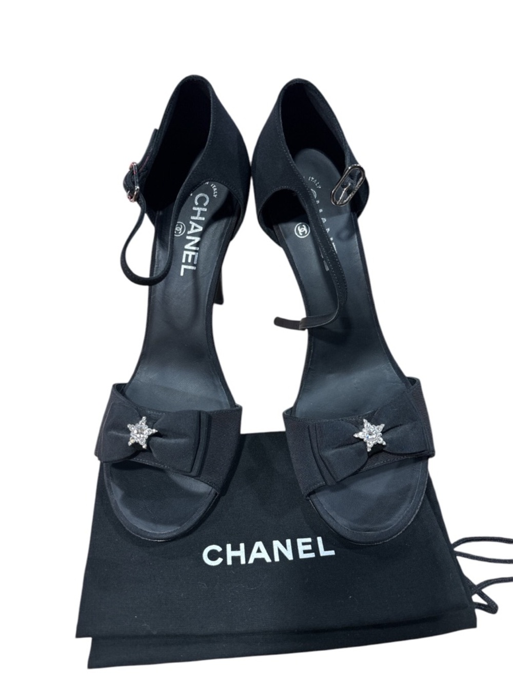 CHANEL Black Bow Star Crystal Ankle-Strap Heels
